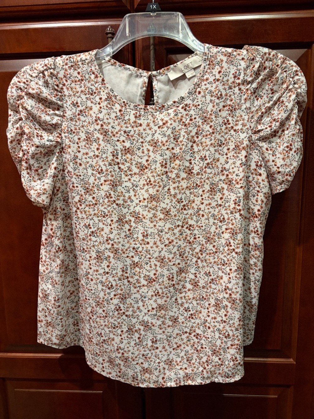 LOFT Ivory Blouse with Rust Floral Puff Sleeves Size MP